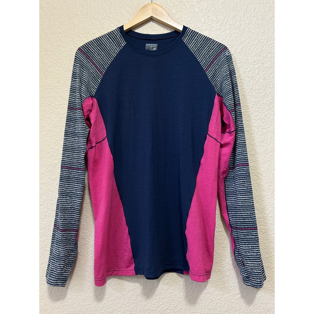 Icebreaker Medium Merino Blend GT Base Layer Top Blue Pink Raglan Run Hike Camp